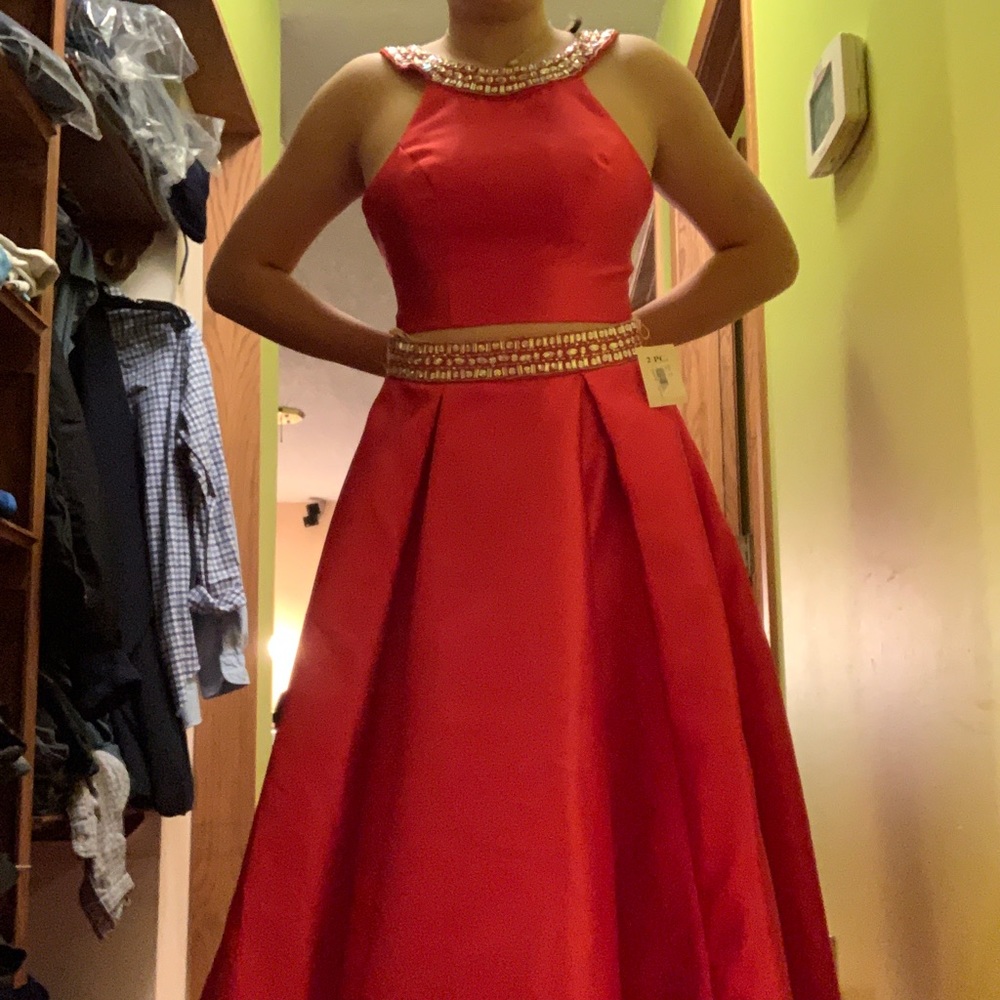 Two piece red jeweled halter neck prom dress